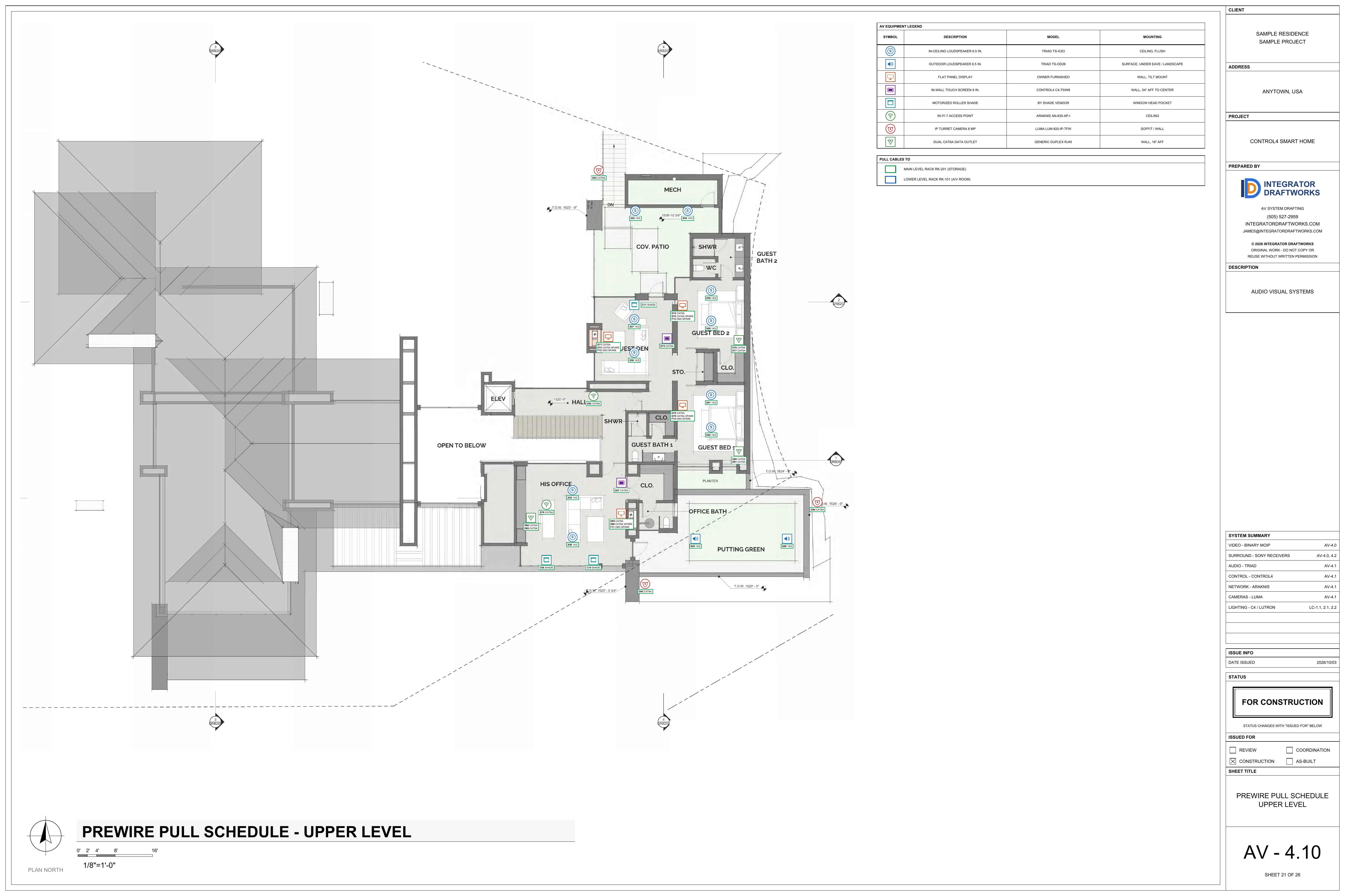 Sheet AV-4.10, prewire pull schedule, upper level