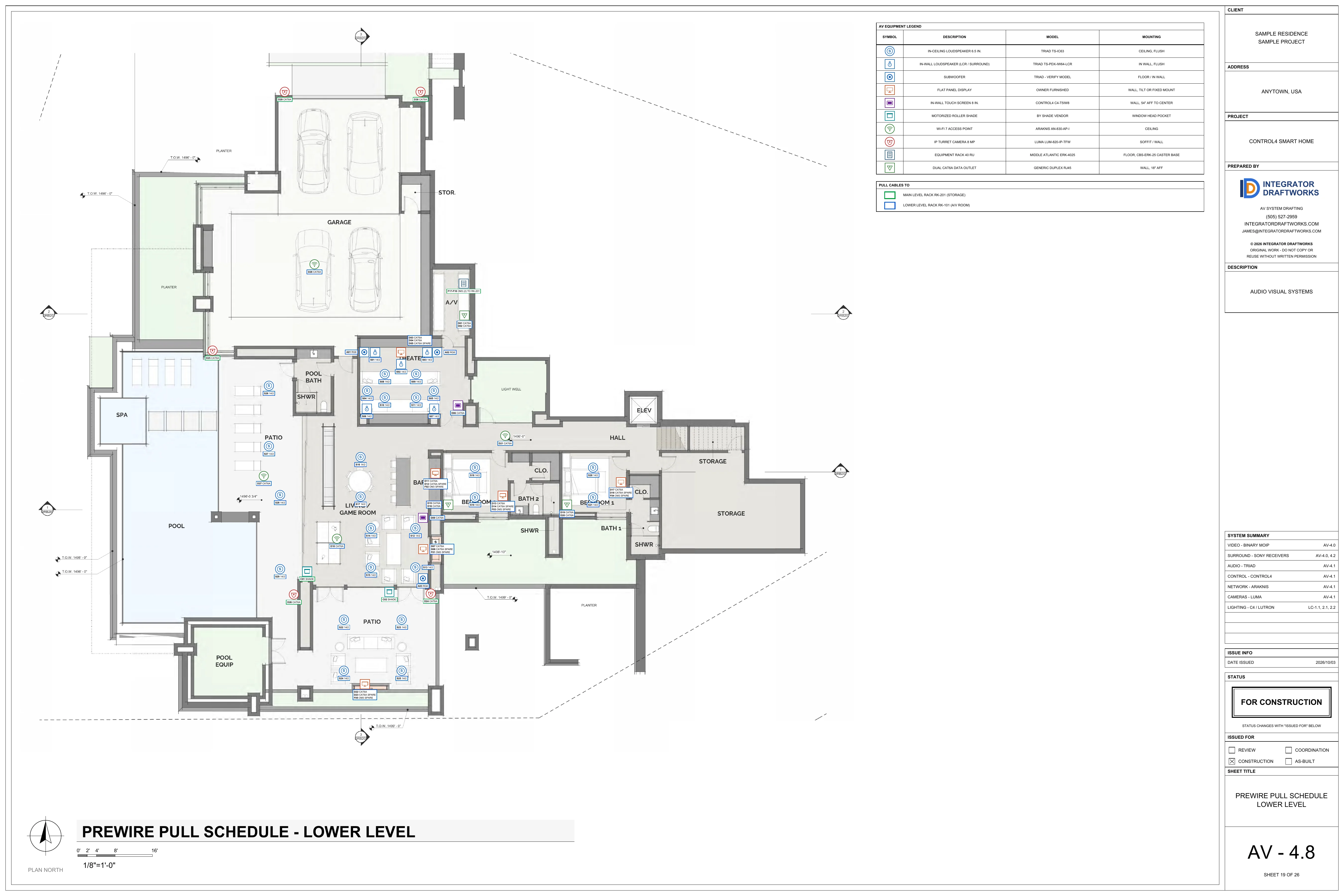 Sheet AV-4.8, prewire pull schedule, lower level