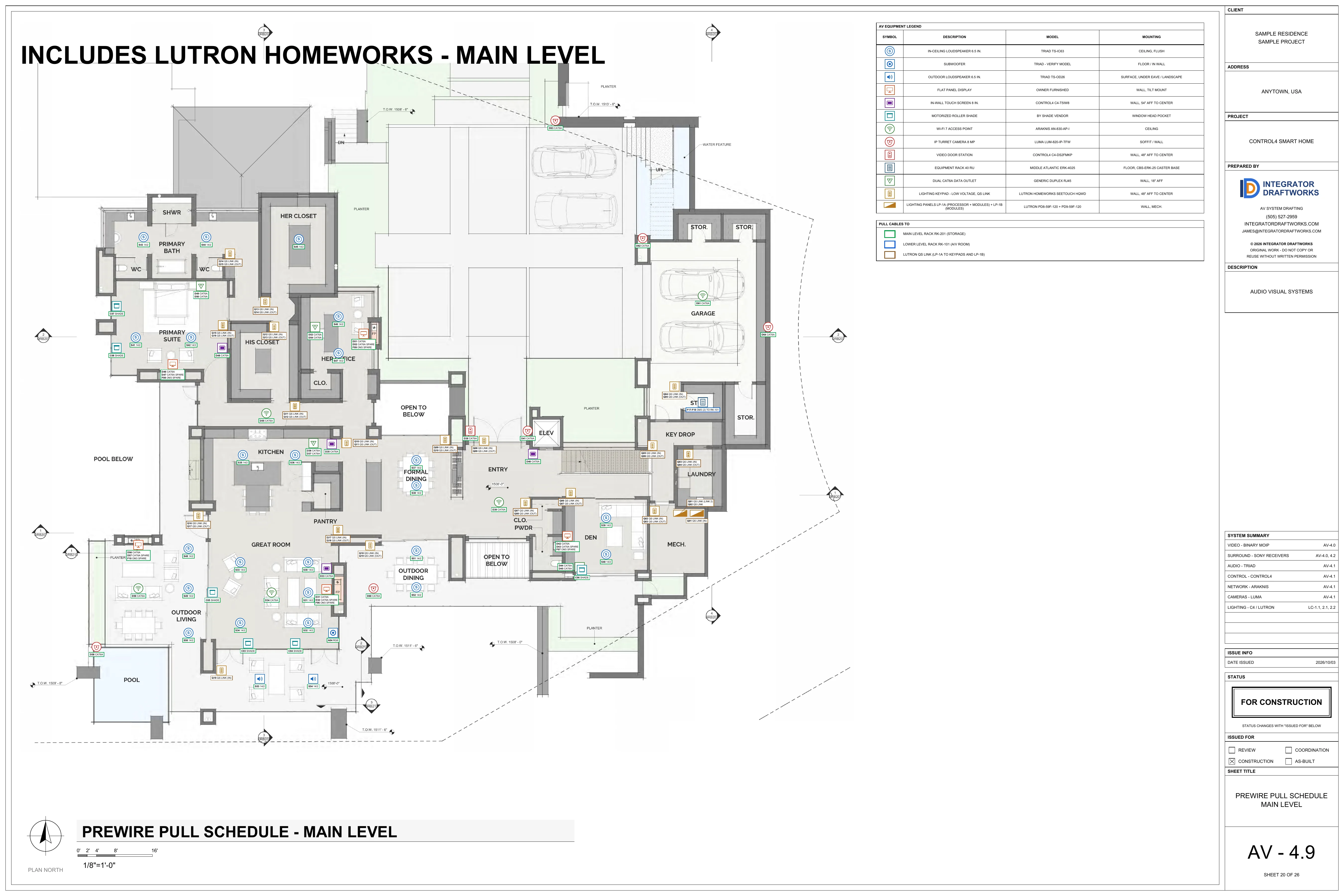 Sheet AV-4.9, prewire pull schedule, main level